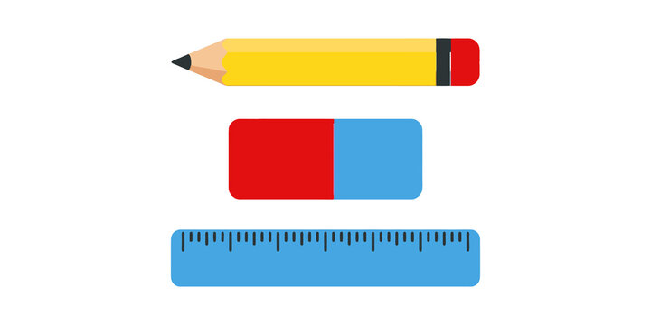 Stationery design tools set including yellow pencil pink blue eraser and measuring ruler for office school supplies.