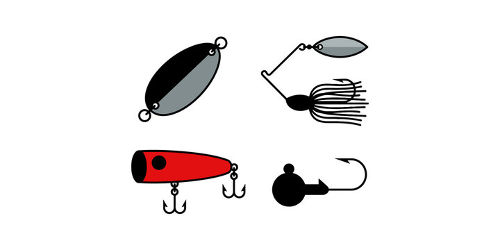 Fishing lures and tackle equipment set comprising spoon spinner bait popper plug and jig head hook for angler sports.