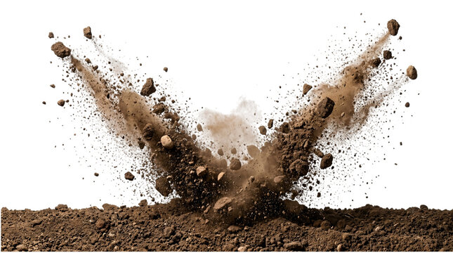 Explosion of dirt and rocks with dust cloud isolated on transparent background