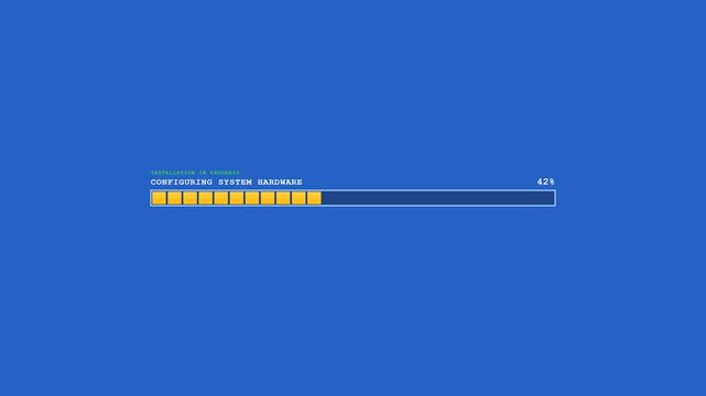 Retro Computer OS Installation Progress Bar Filling from Zero to Hundred Percent on Blue Setup Screen for Tech Video