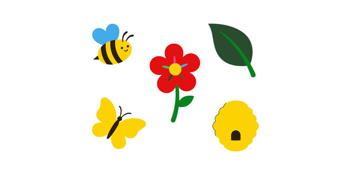 Spring garden icon set featuring colorful bee flower butterfly leaf and hive for nature and environmental education.