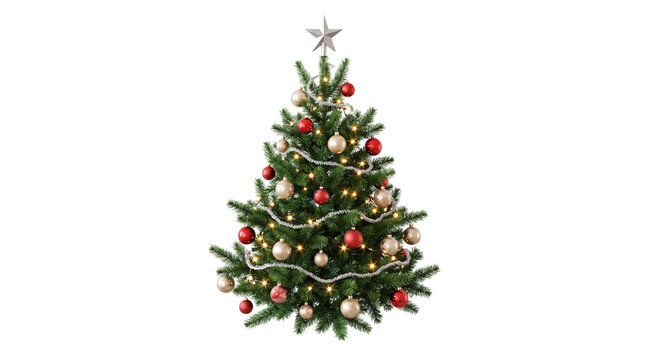 Festive christmas tree with red and gold isolated on transparent background