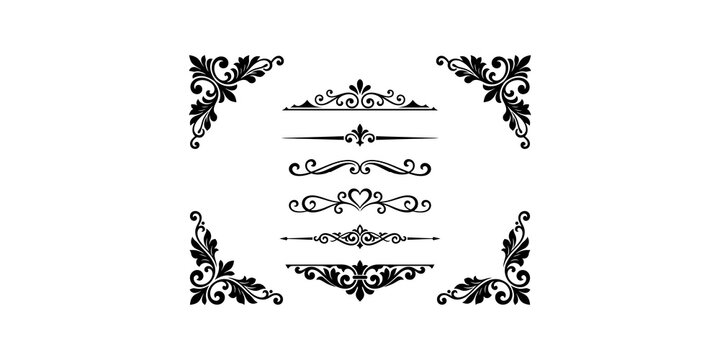 Vintage decorative corner frames and divider elements black flourish line art set for elegant wedding card invitation.