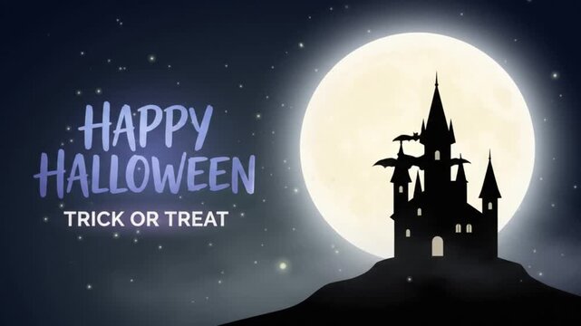 Happy Halloween animated greeting with full moon, old gothic castle silhouette and slow flying bats at night