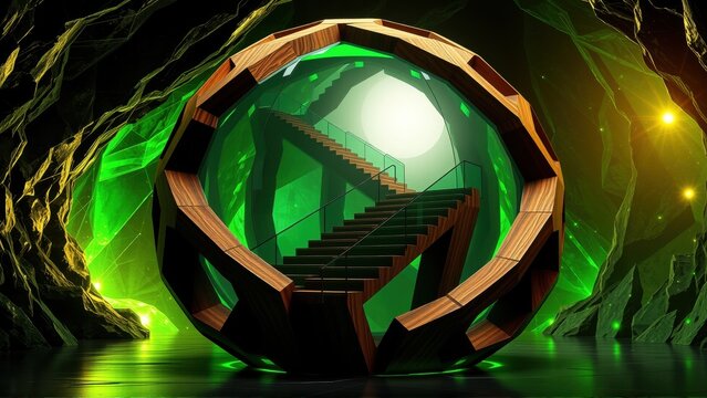 Futuristic structure features staircase ascending toward bright light. Geometric design, dark background, glowing green accents create dramatic scene.