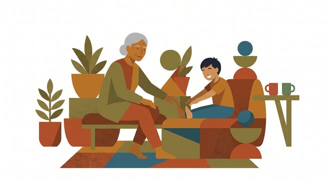 Flat illustration of multigenerational wellness showing elderly and young person stretching together