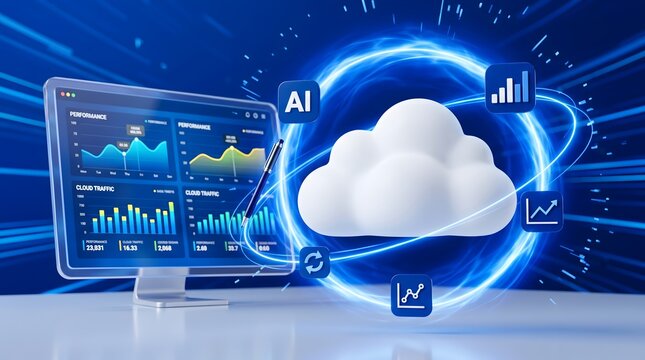 Cloud computing infrastructure dashboard with floating data icons and advanced performance analytics interface
