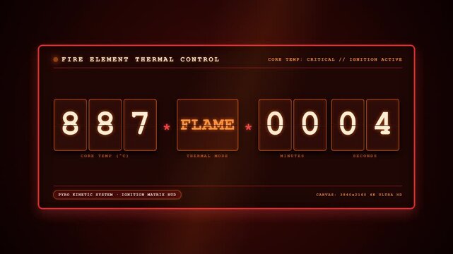Deterministic 4K mechanical split-flap display featuring a fiery combustion element theme. Displays temperature, heat core status, and thermal ignition counters with warm ember glowing accents and tim