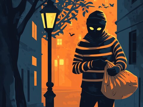 Nighttime thief lurking in a shadowy street.