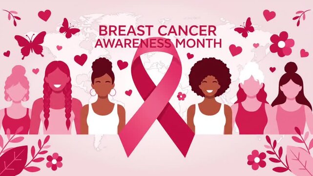 Breast Cancer Awareness Month Campaign with Diverse Women and Pink Ribbon Illustration. 