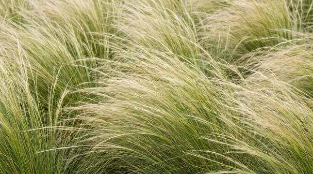Mexican feather grass, growing in modern garden landscape, featuring delicate ponytail foliage