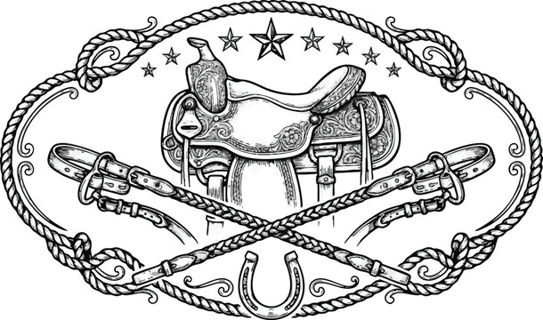 Western saddle emblem vector design with decorative rope and stars
