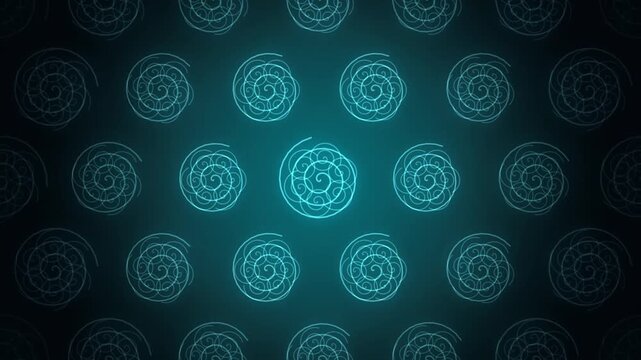 Abstract spiral ornament pulses on dark teal background with glowing blue light effects.