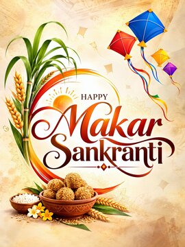 Makar sankranti harvest festival background with traditional sweets sugarcane and kites indian festival sugarcane