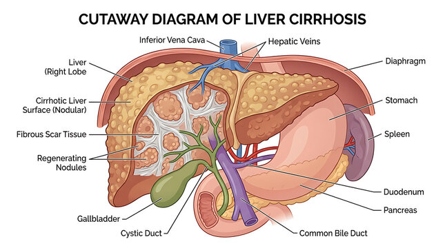 Detailed Medical Illustration of Human Liver Cirrhosis with Fibrosis and Surrounding Abdominal Organs