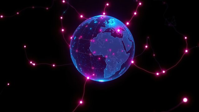 Glowing globe connected via pink lines. Represents global network, data streams, digital world. Futuristic concept, dark background.