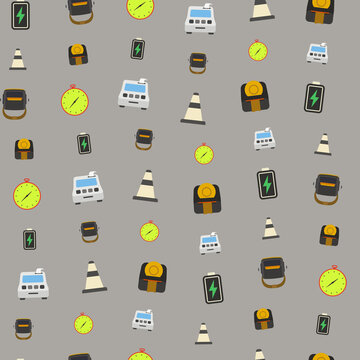 Seamless pattern of traffic cones, batteries, clocks, and vehicles