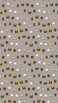 Seamless pattern of traffic cones, golf balls, batteries, and bags