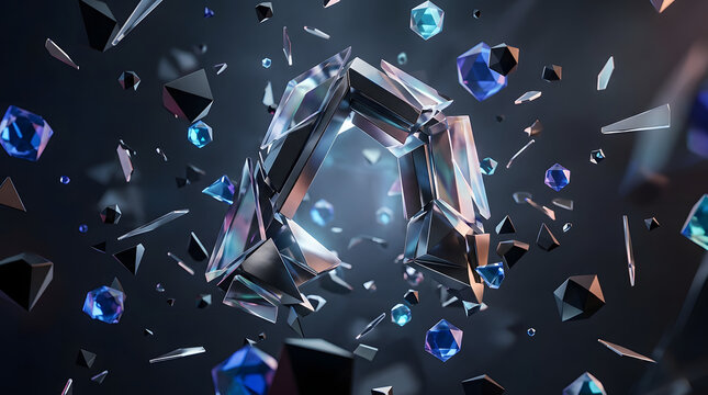 Shattered crystals float in a dark reflective scene shards fragments splinter