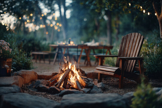 Cozy bonfire glowing beside rustic wooden chair and outdoor table in lush garden with warm string lights, realistic evening scene