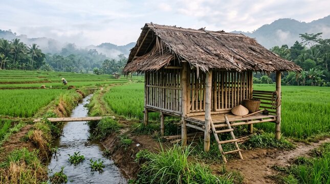 Small bamboo hut in a lush green rice field with a stream and mountains in the background