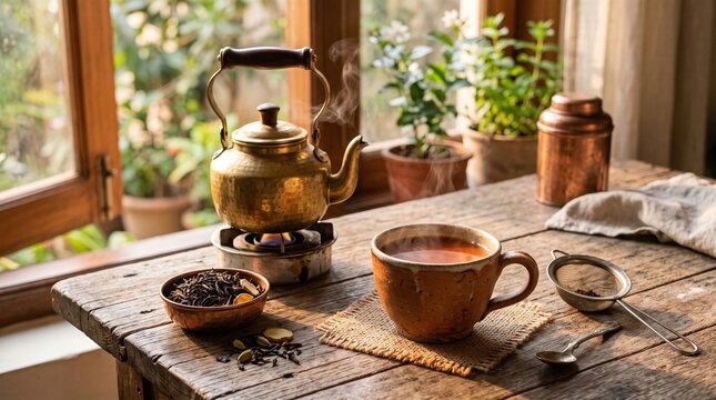 Copper tea kettle and a warm cup of tea on a rustic wooden table by a bright sunny window