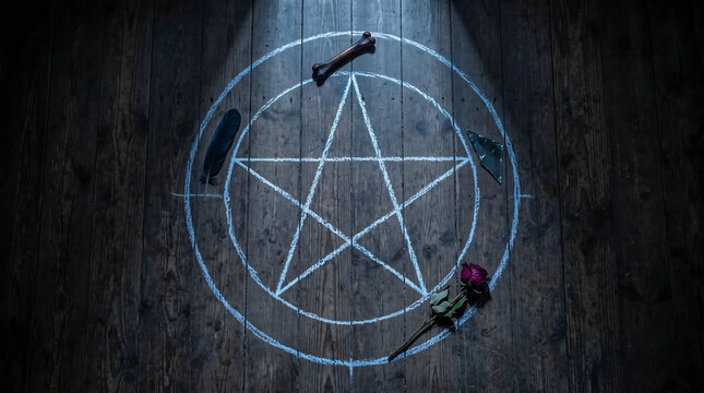 Pentagram drawn in white chalk on dark wooden floor with ritualistic props for occult or Halloween themed photography background