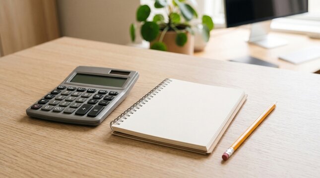 Calculator with a notebook and pencil on a wooden office desk