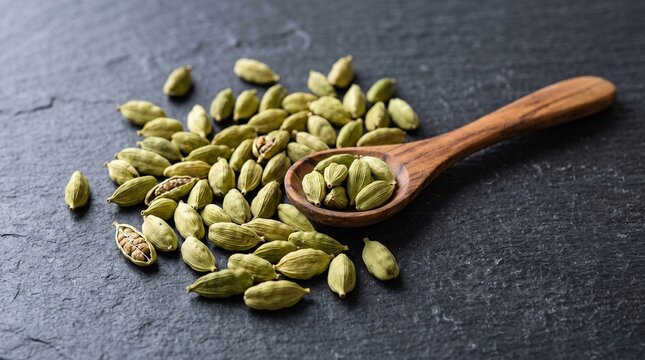 Green cardamom pods on a dark table with a wooden spoon