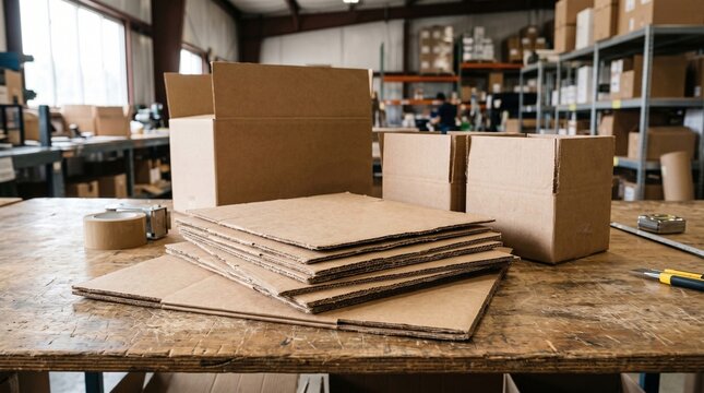 Cardboard shipping boxes and flat cartons stacked on a wooden table in a warehouse