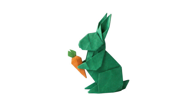 Origami green rabbit holding an orange carrot, isolated on transparent background