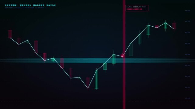 Seamless loop of a sci-fi holographic trading chart featuring bullish green and bearish red candlesticks structured as energy rails with scanning lasers.
