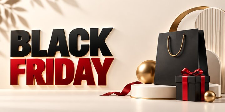 Black friday shopping sale sign with black paper bags and gift boxes on display