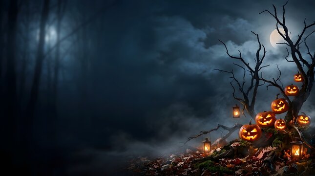 Spooky halloween background with glowing jack o lanterns in dark forest