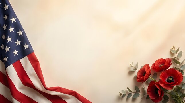 American flag and red poppies on a light neutral background space
