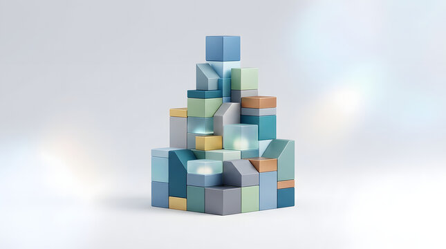Stacked building blocks create a geometric arrangement in pastel tones construction