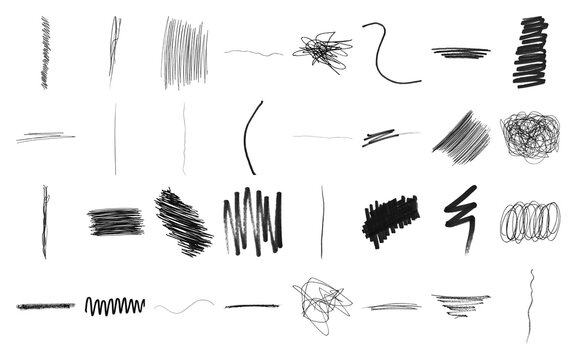 Set of hand drawn pencil scribble marks and charcoal texture lines on a transparent background