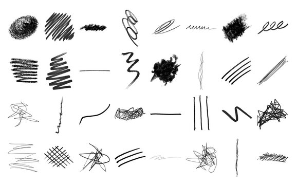 Collection of hand drawn black pencil scribble marks and charcoal texture strokes on transparent