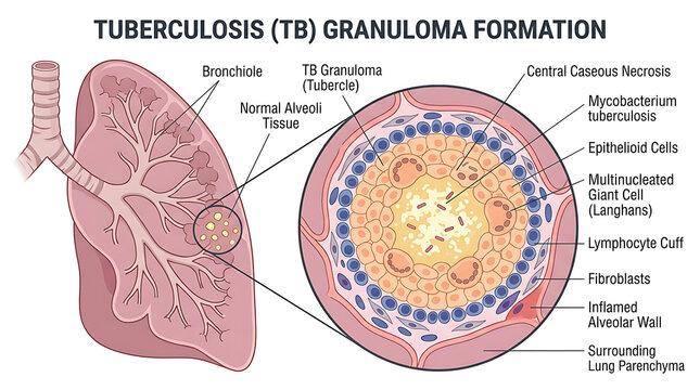 Medical Illustration of Tuberculosis Granuloma Formation in Human Lung Tissue Showing Caseous Necrosis and Immune Response