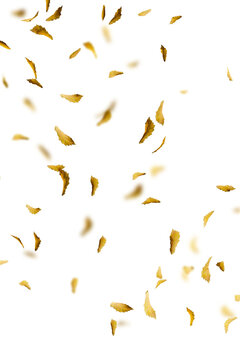 Falling golden autumn leaves with motion blur vertical background isolated on transparent background