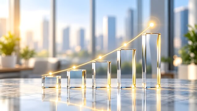 Transparent glass bar chart with a golden upward trending line on a marble desk in a sunny modern corporate office