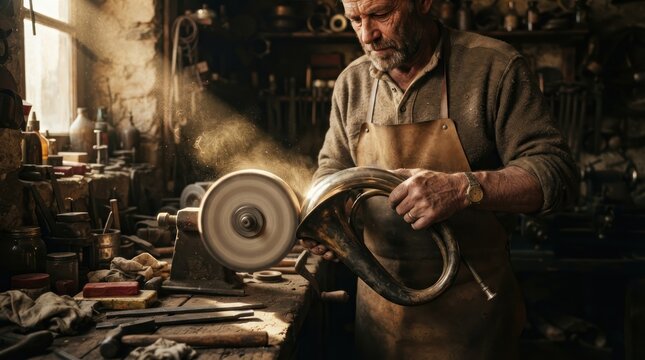 artisan polishing brass in a vintage workshop with warm lighting