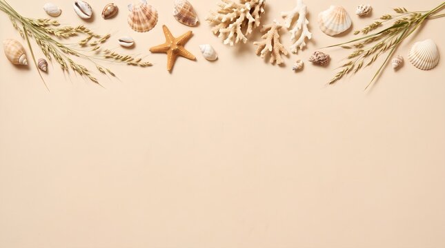 Beach themed frame with seashells starfish and dried seagrass on a beige sand background seashell starfish nautical tropical vacation background