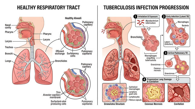 Medical Illustration Comparing a Healthy Human Respiratory Tract with the Progression and Stages of Tuberculosis Infection in the Lungs