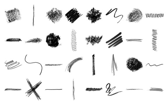 Set of hand drawn charcoal pencil strokes and textures isolated on a transparent background