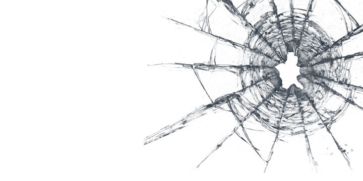 Shattered glass texture background showing a realistic bullet hole and impact cracks isolated on white