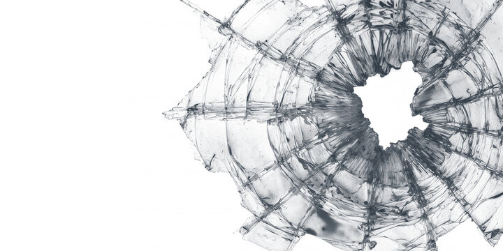 A close-up view of a shattered and broken glass surface featuring a bullet hole impact against a clean white background