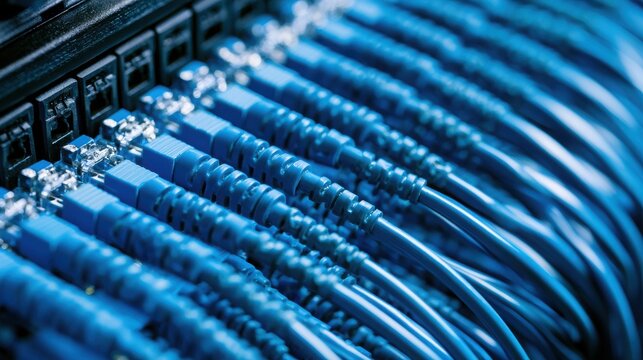 Blue ethernet cables connected to a network switch in a data center