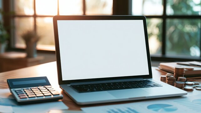 Blank laptop screen with calculator and coins on a desk