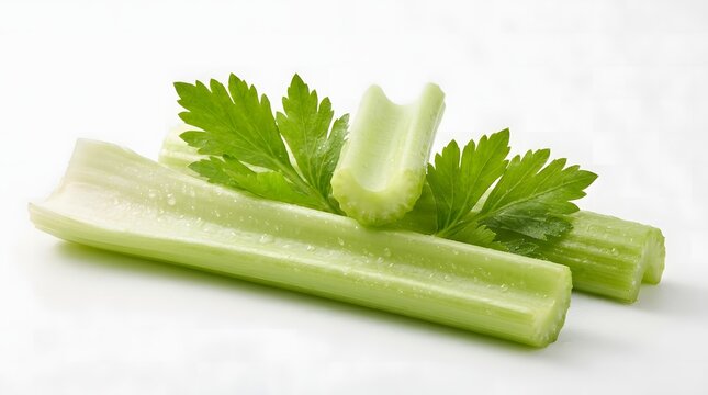 Fresh green celery stalks and leaves arranged on a clean white background for healthy eating concepts